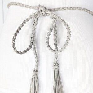 Light grey braided faux suede rope chord fringe tassel tie belt